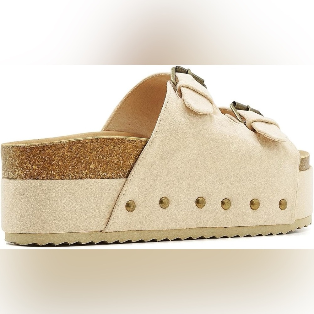 Women Metallic Platform Sandals Cork Footbed Heeled Slides Buckles clogs beige - Picture 5 of 7